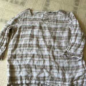 LL Bean tan striped Linen Popover Square Neck Blouse